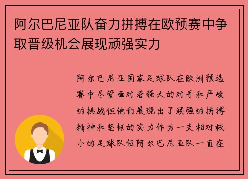 阿尔巴尼亚队奋力拼搏在欧预赛中争取晋级机会展现顽强实力
