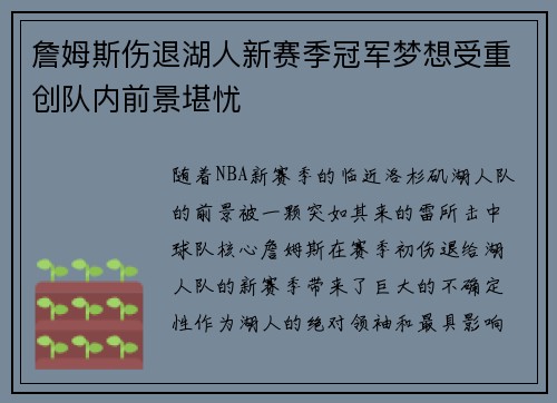 詹姆斯伤退湖人新赛季冠军梦想受重创队内前景堪忧